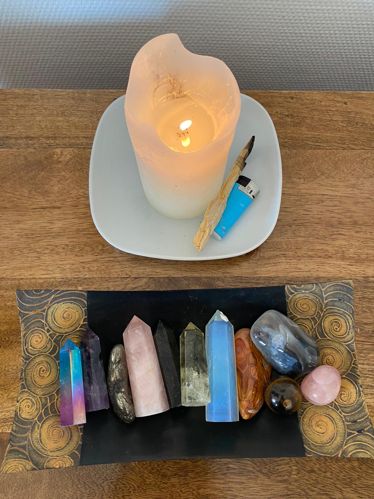 candle and crystals